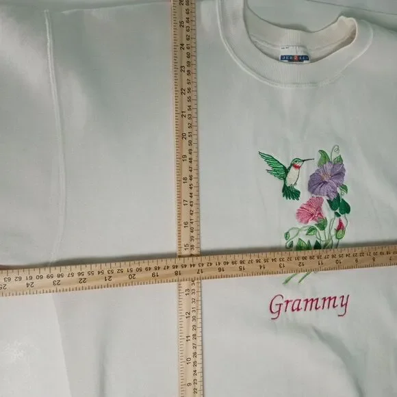 Vtg Jerzees Womens Sweatshirt Embroidered Hummingbird Flowers White Sz L Granny - Picture 6 of 6